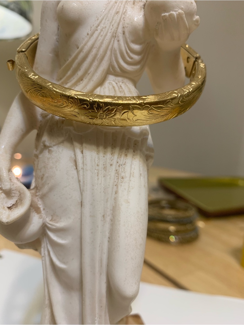 Gold Floral Engraved Hinged Bangle Bracelet